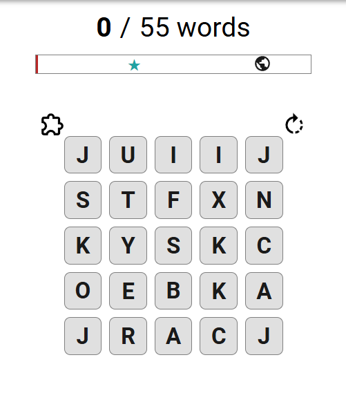 Screenshot of squaredle gameplay interface showing the 5x5 word grid and color hints