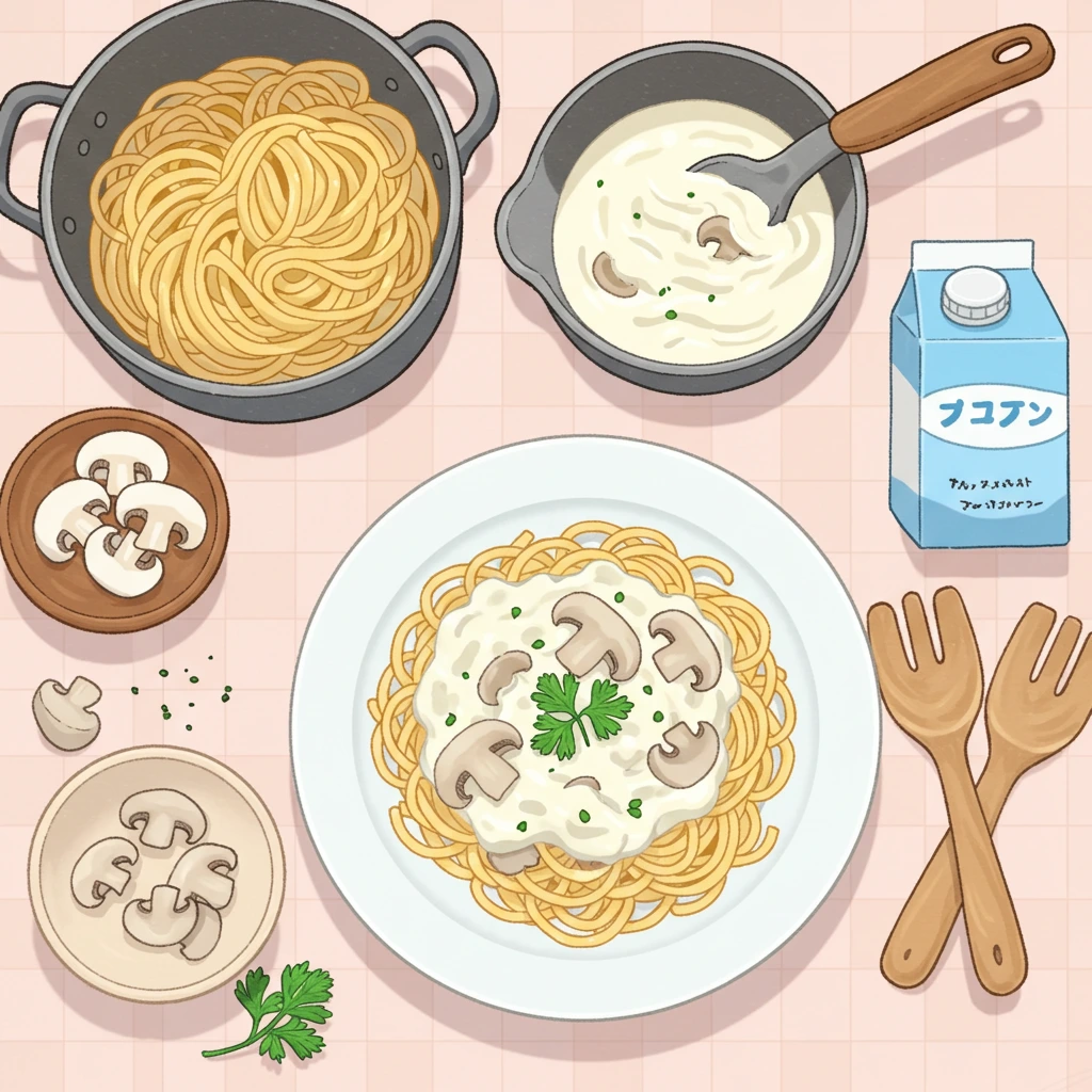 Spaghetti with mushroom cream sauce