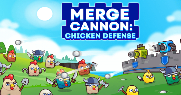 Visual guide showing cannon merging and placement in Merge Cannon Chicken Defense
